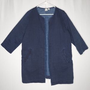 Eileen Fisher Cardigan Large Women Blue Open Front 3/4 Sleeve Pocket Chambray